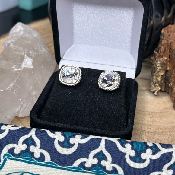 Brighton Sparkling Silver Rhinestone Square Stud Earrings - Picture 3 of 5